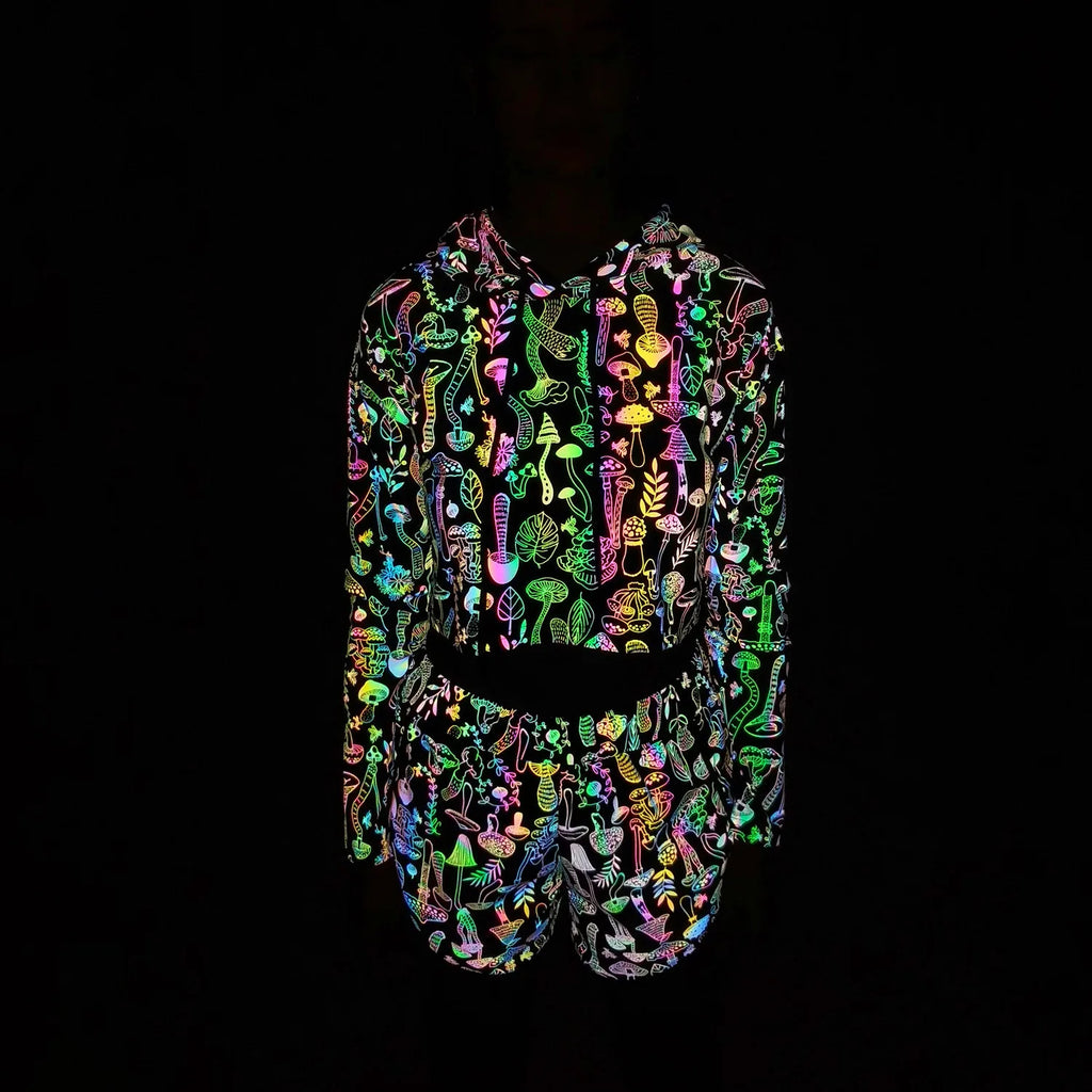 Spring Autumn Women Colorful Reflective Pullover Hoodies Y2K Harajuku Mushroom Printed Long Sleeve Crop Tops sudadera кофта
