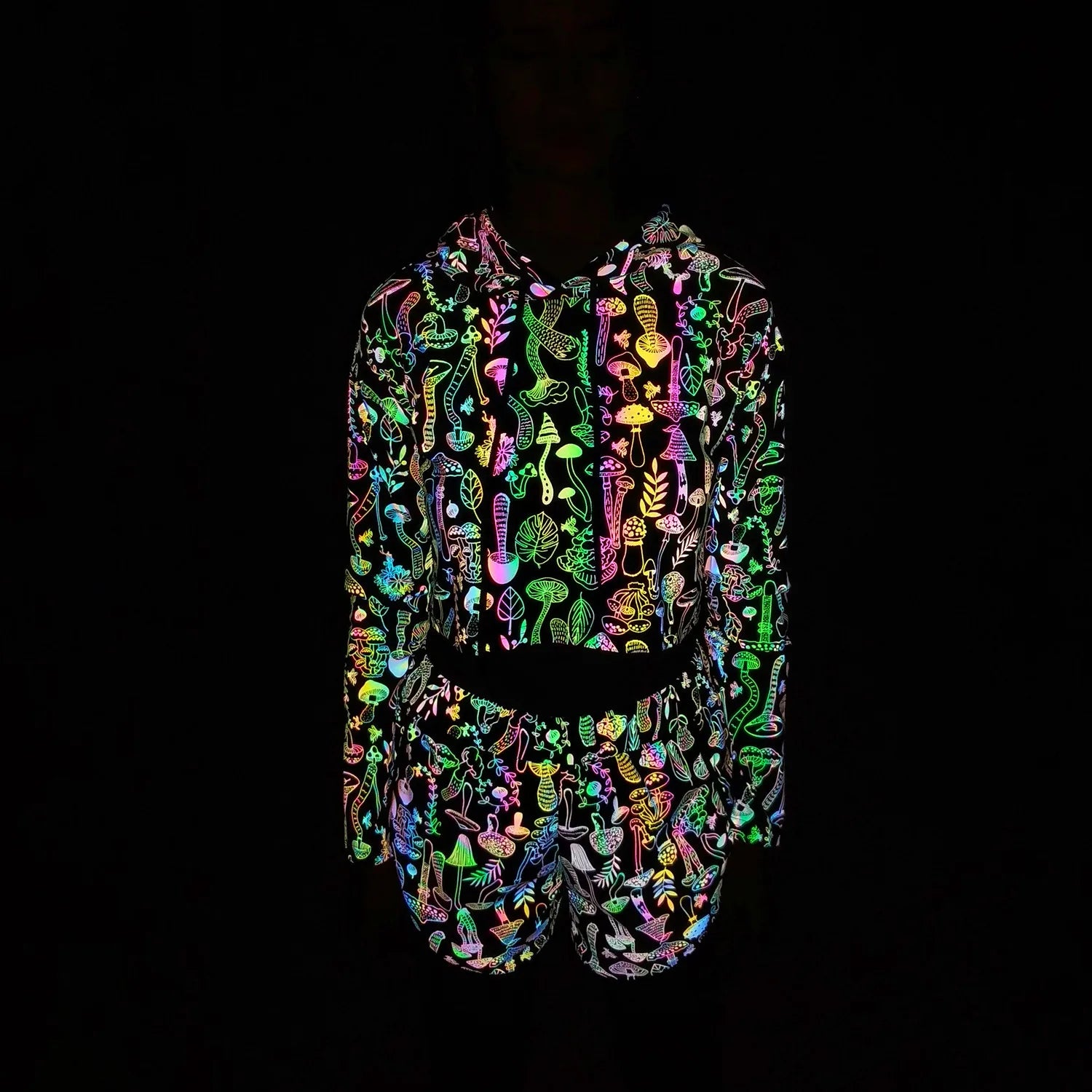 Spring Autumn Women Colorful Reflective Pullover Hoodies Y2K Harajuku Mushroom Printed Long Sleeve Crop Tops sudadera кофта