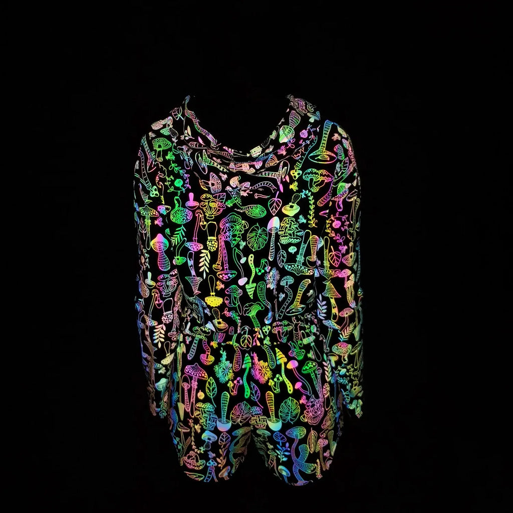Spring Autumn Women Colorful Reflective Pullover Hoodies Y2K Harajuku Mushroom Printed Long Sleeve Crop Tops sudadera кофта