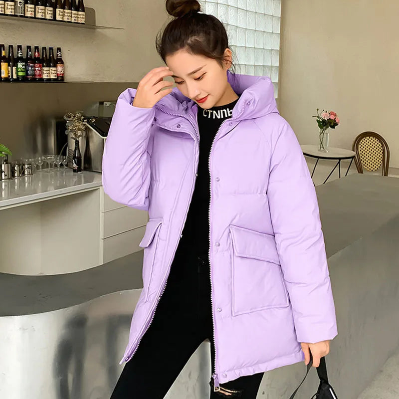 Clothing Women Cotton-Padded Jacket 2025 New Casual Elegant Loose Solid Color Warm Hooded Winter Warm Women Cotton Jacket H537