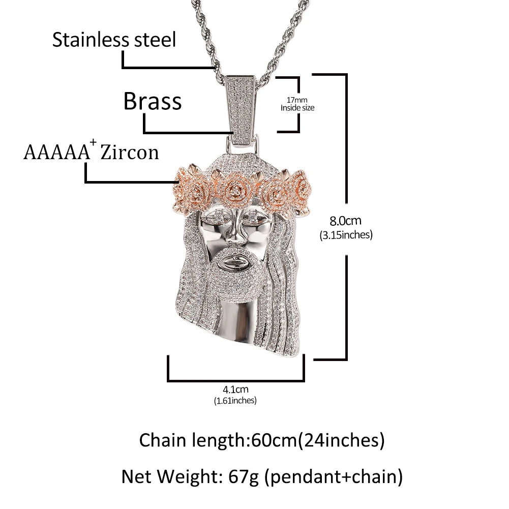 UWIN Iced Out 2 Tone Jesus Pendant Necklaces with Rose Prong Setting 5A+ Cubic Zirconia Charms Fashion Jewelry for Gift