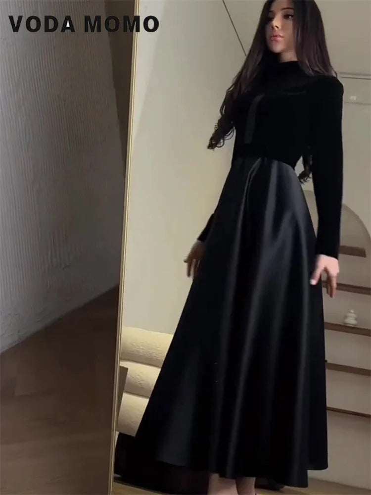 Elegant Dresses Slim Spring Autumn Evening Dresses Female Solid Velvet Dress Ladies Waisted Long Round-Neck Clothes for Women