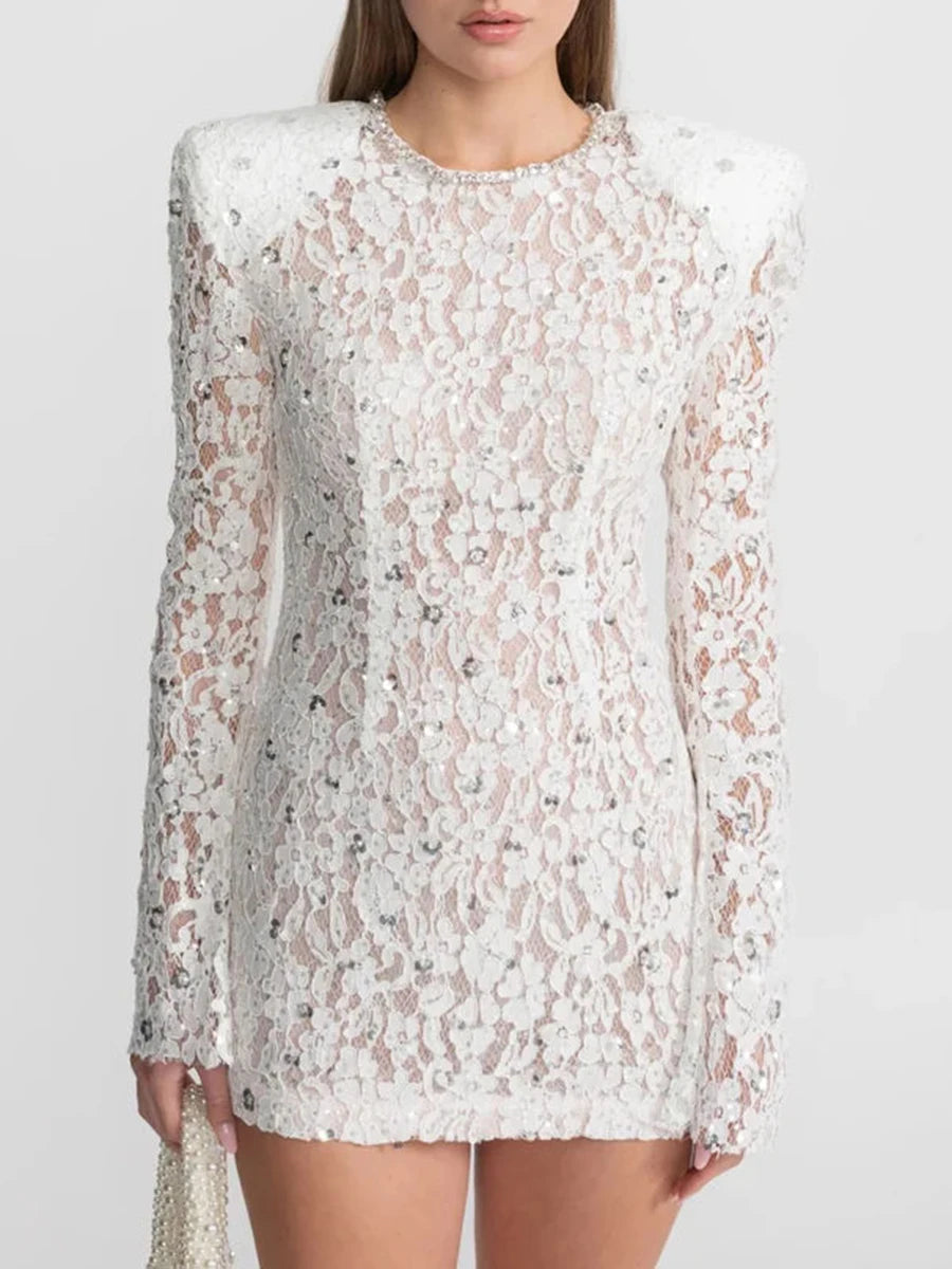 TWOTWINSTYLE Slimming Sheer Spliced Lace Temperament Dresses for Women O Neck Long Sleeves Patchwork Sequins Dress Female New