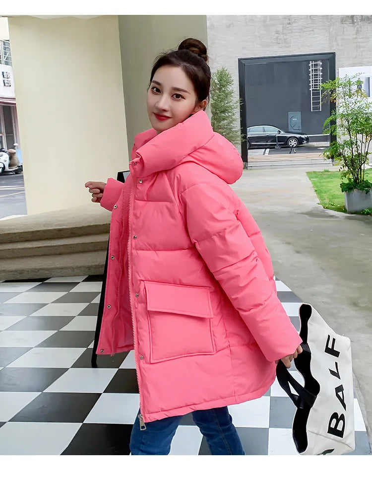 Clothing Women Cotton-Padded Jacket 2025 New Casual Elegant Loose Solid Color Warm Hooded Winter Warm Women Cotton Jacket H537