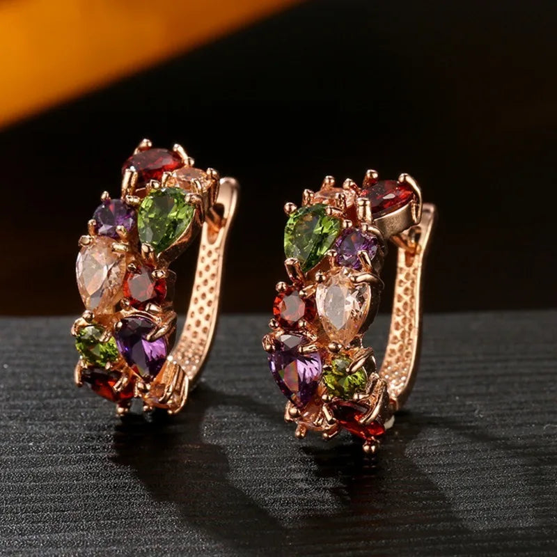 Korean Luxury Rose Gold Color Earrings Flash Zircon Ear Stud Earrings for Women Female Elegant Fashion Party Wedding Jewely Gift