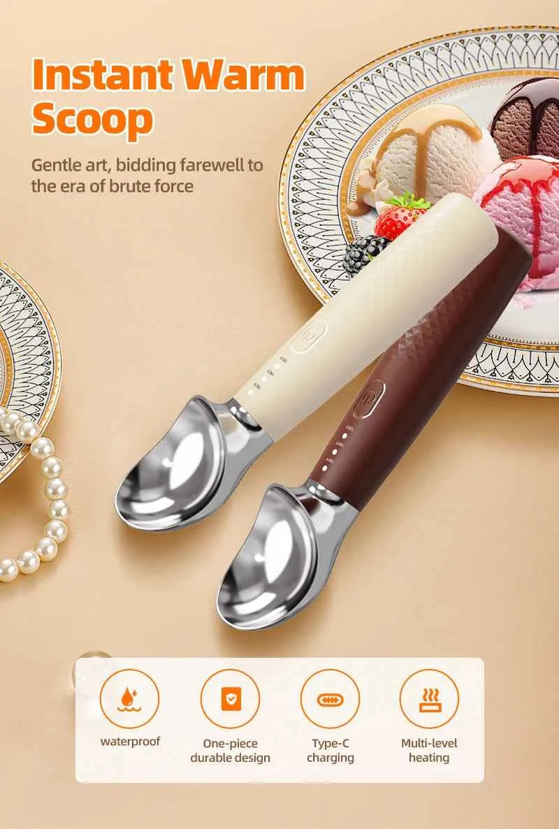 Heated Ice Cream Scoop Spoon, 3 Temperature Settings 120°F/140°F/160°F, 2600mAh Rechargeable, IPX6 Waterproof, Easy Scooping