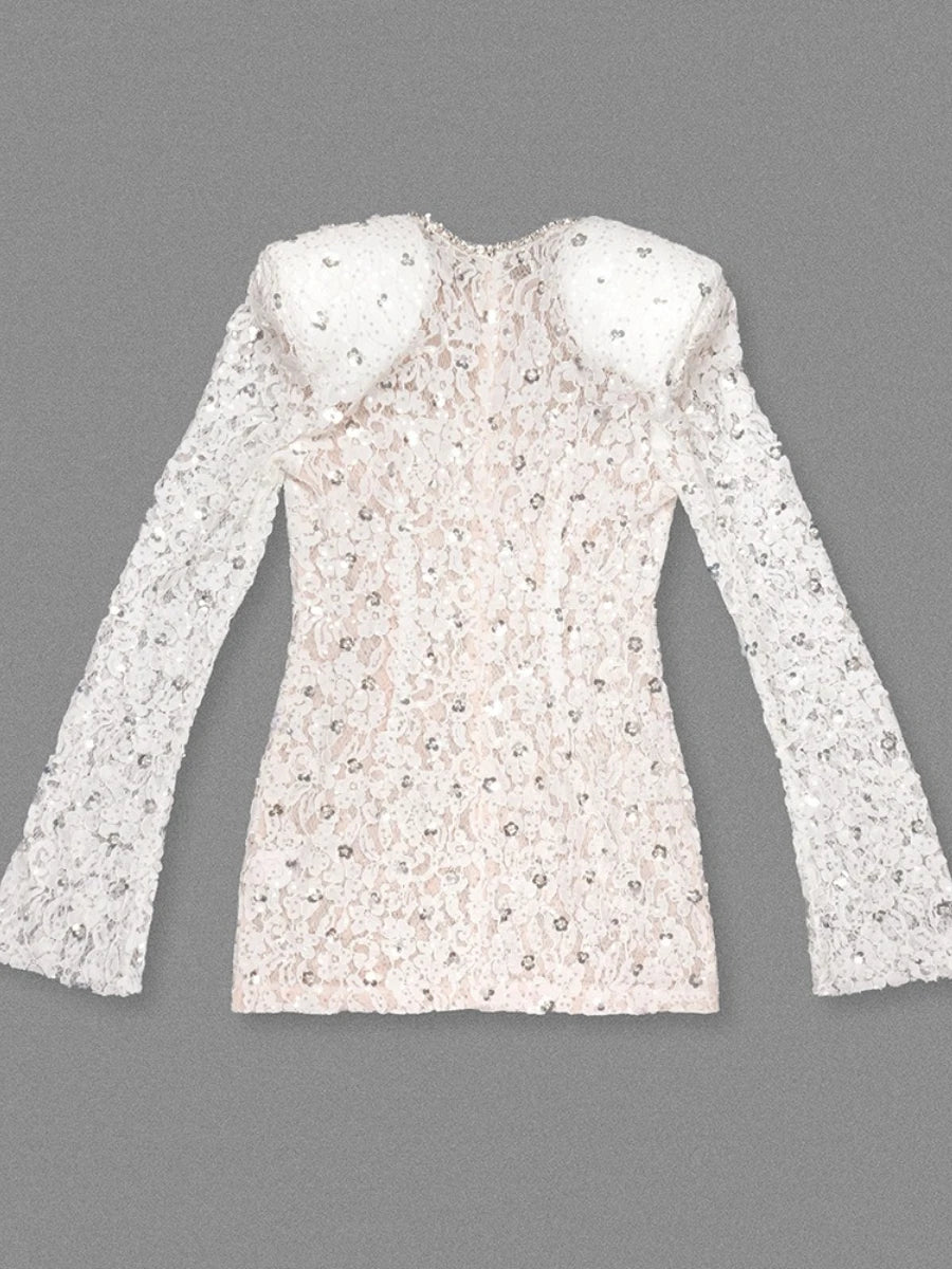 TWOTWINSTYLE Slimming Sheer Spliced Lace Temperament Dresses for Women O Neck Long Sleeves Patchwork Sequins Dress Female New