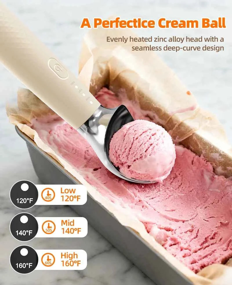 Heated Ice Cream Scoop Spoon, 3 Temperature Settings 120°F/140°F/160°F, 2600mAh Rechargeable, IPX6 Waterproof, Easy Scooping