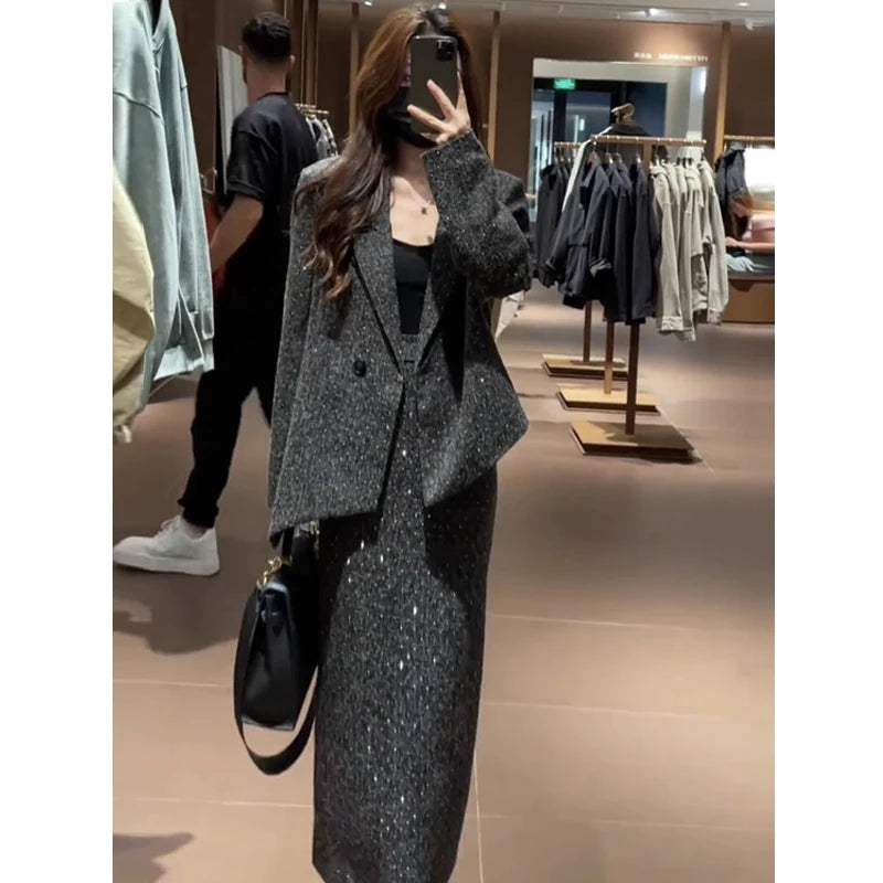 Spring Faion Diamond Embedded Suit Women's Sli f-length Skirt Quali Small Fraance Sle Two-piece Set