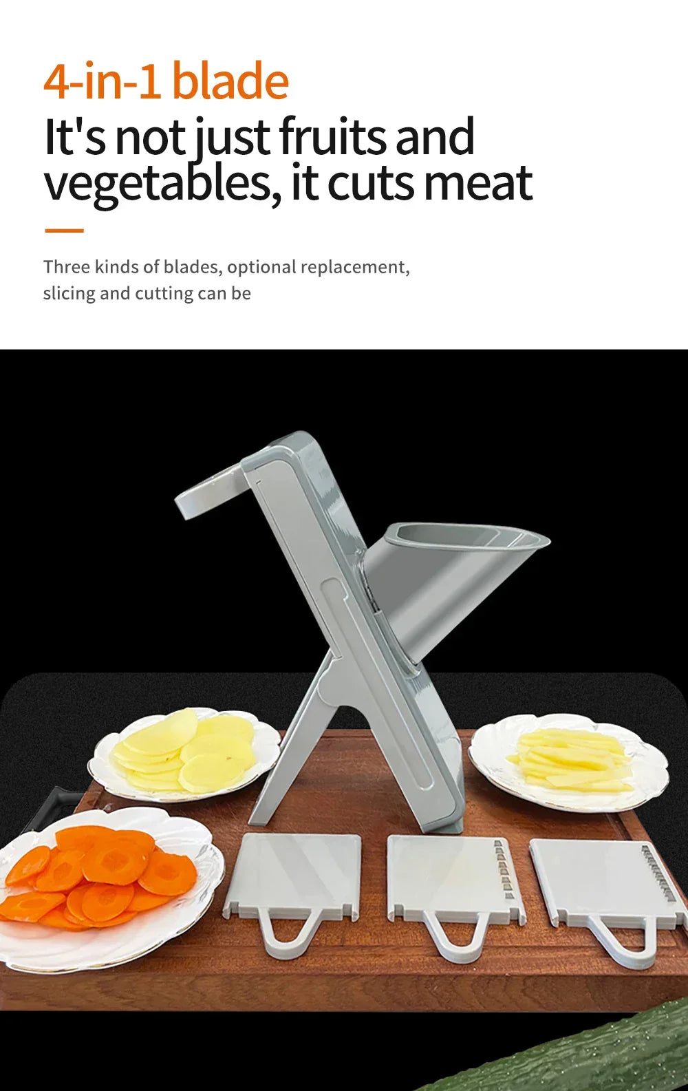 4-in-1 food slicer with interchangeable blades, sliced vegetables on plates, countertop setting