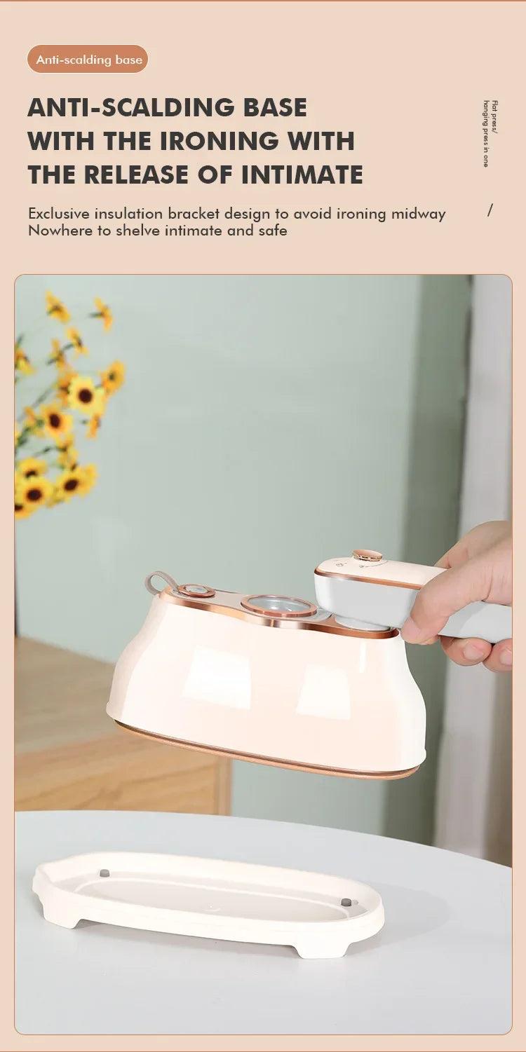 Hand holding a portable clothing iron with anti-scalding base on a table, home setting