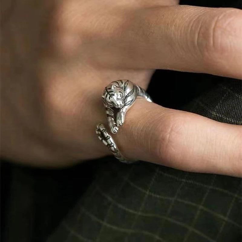 1Pcs Fierce Tiger Adjustable Opening Ring Men and Women Vintage Punk Ancient Gold Ancient Silver color Animal Jewelry Gift