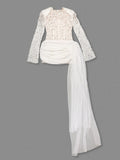 TWOTWINSTYLE Slimming Sheer Spliced Lace Temperament Dresses for Women O Neck Long Sleeves Patchwork Sequins Dress Female New