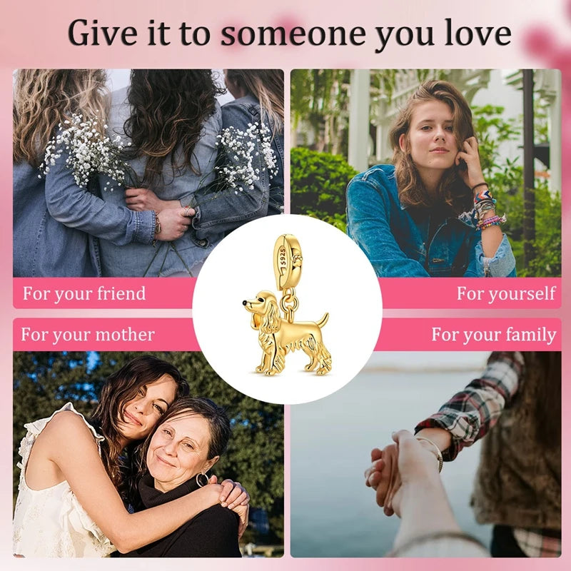 925 Sterling Silver Golden 3D Cocker Spaniel Dog Charm Fit Bracelet 2026 New Year Gifts Fashion Animal Jewelry for Women Girls