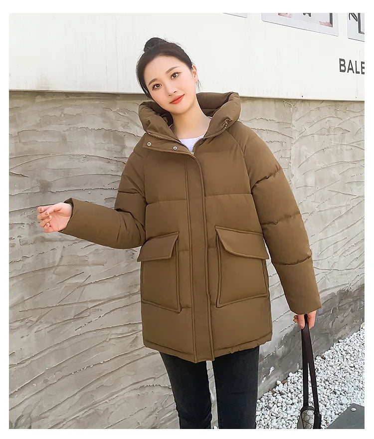 Clothing Women Cotton-Padded Jacket 2025 New Casual Elegant Loose Solid Color Warm Hooded Winter Warm Women Cotton Jacket H537