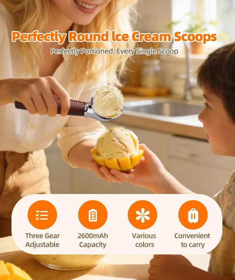 Heated Ice Cream Scoop Spoon, 3 Temperature Settings 120°F/140°F/160°F, 2600mAh Rechargeable, IPX6 Waterproof, Easy Scooping