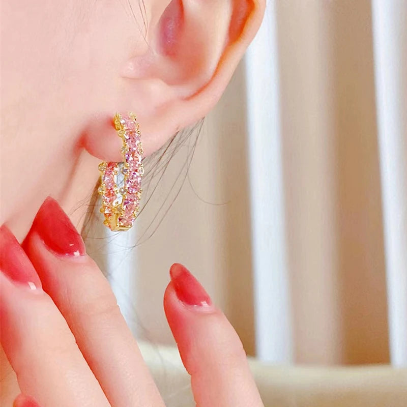 Huitan Aesthetic Women Hoop Earrings Silver Color/gold Color Fashion Daily Party Accessories Elegant Wedding Jewelry Inlaid CZ