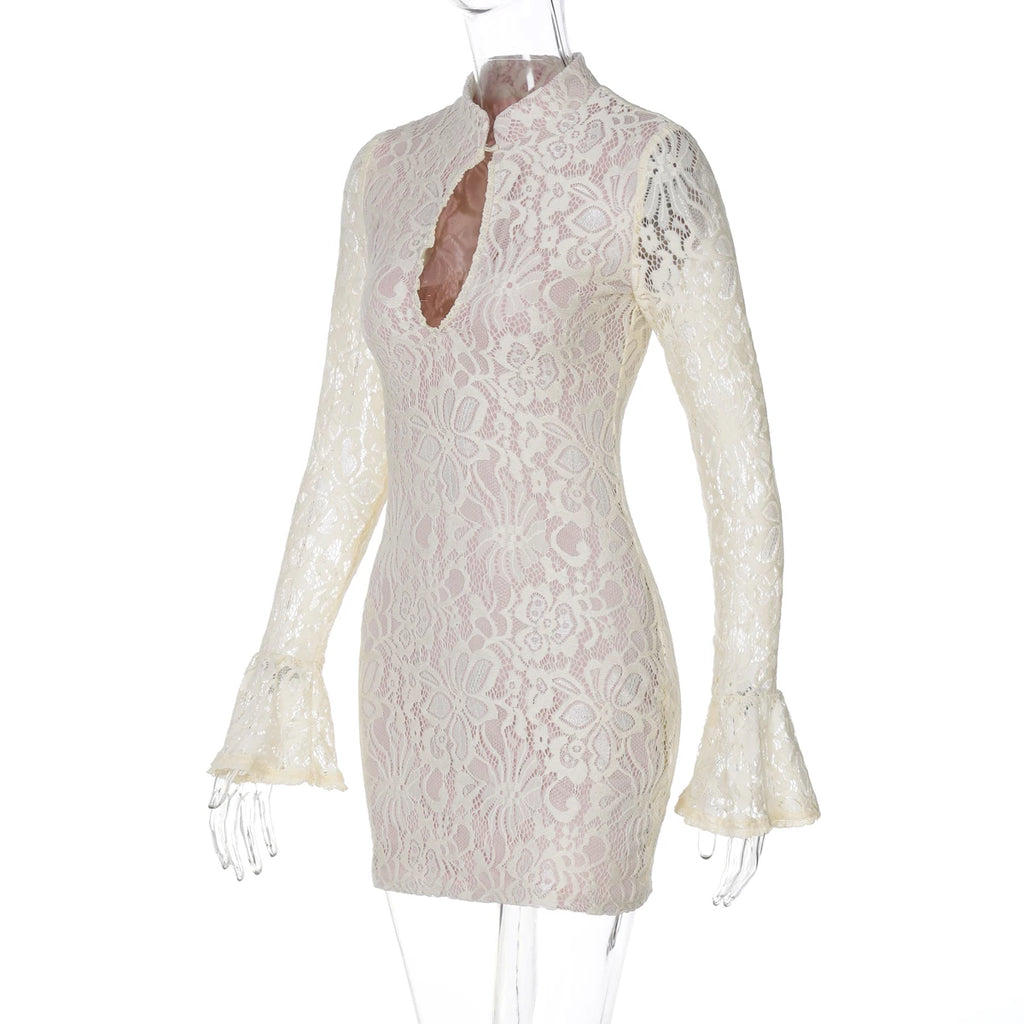 Dulzura Lace Hollow Out Long Flare Sleeves Bodycon Mini Dress Women’S Sexy Elegant Outfit Party Clubwear Winter Clothes
