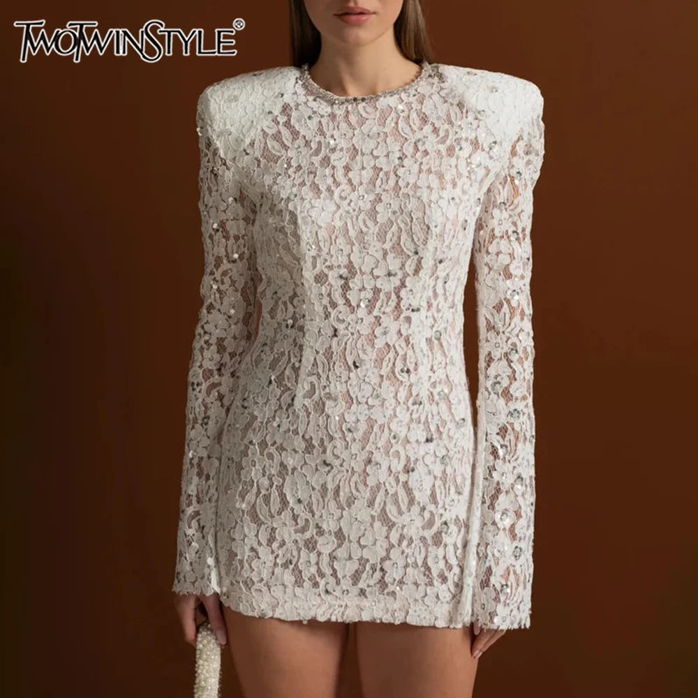 TWOTWINSTYLE Slimming Sheer Spliced Lace Temperament Dresses for Women O Neck Long Sleeves Patchwork Sequins Dress Female New