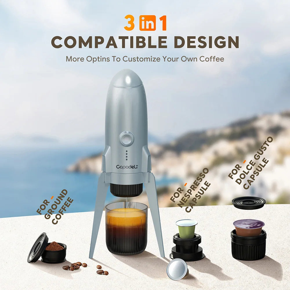 Portable Electric Espresso Machine Travel Coffee Maker for Camping 3 in 1 Self-Heating for Ground Coffee & DG NS Capsule Pods