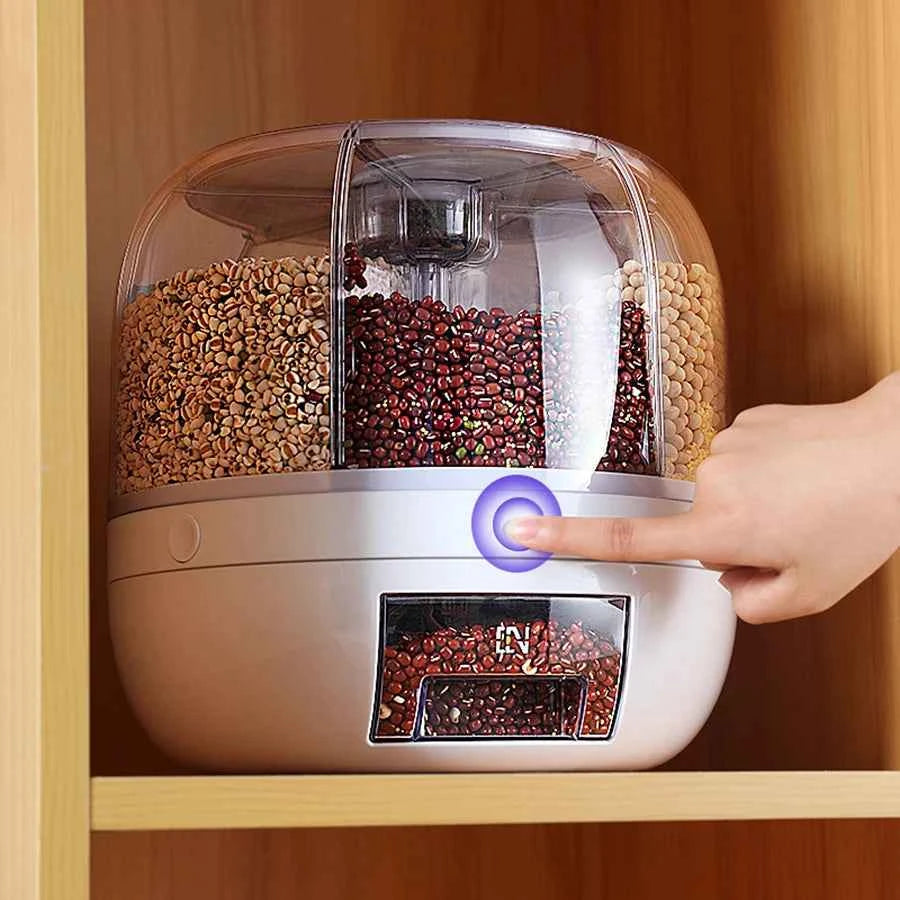 360° Rotating 6-Grid Food Dispenser - Airtight Kitchen Storage Container for Grains, Cereal & Dry Goods