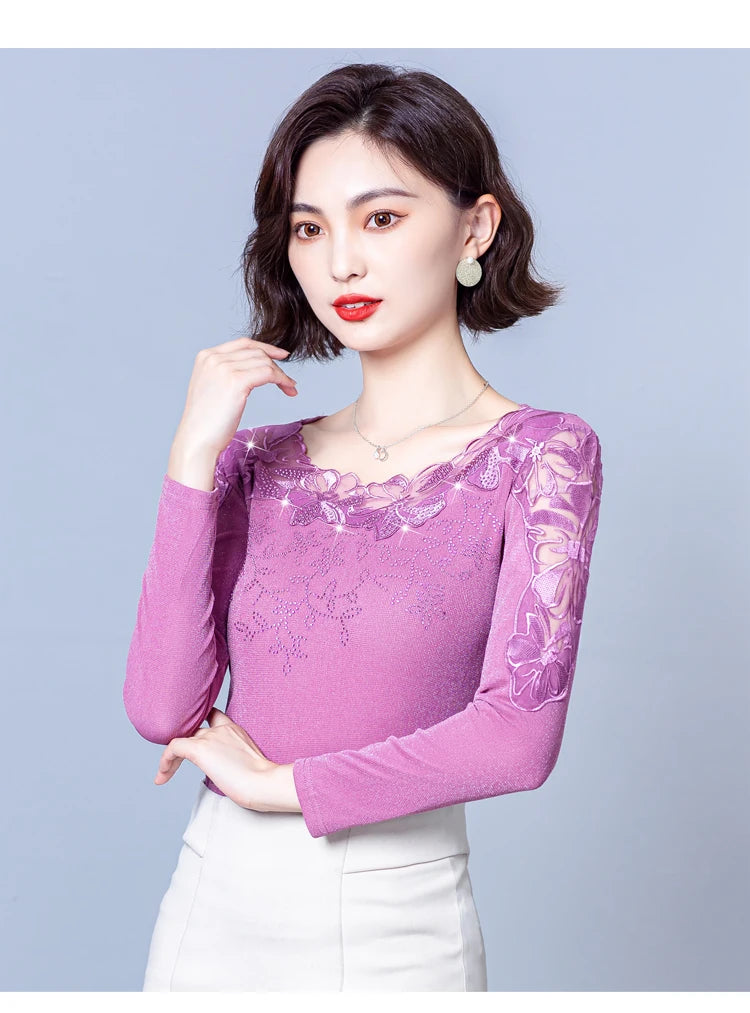 Spring Autumn Long Sleeve Mesh Shirt Round Neck Patchwork Women Lace Tops Korean Fashion Diamond T Shirt
