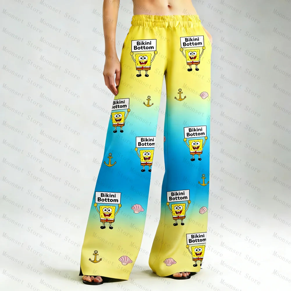 Cute SpongeBob Fashion Loose Milk Silk Women's Pajama Pants With Cartoon Prints For Spring Autumn 2026 Casual Kids Trousers