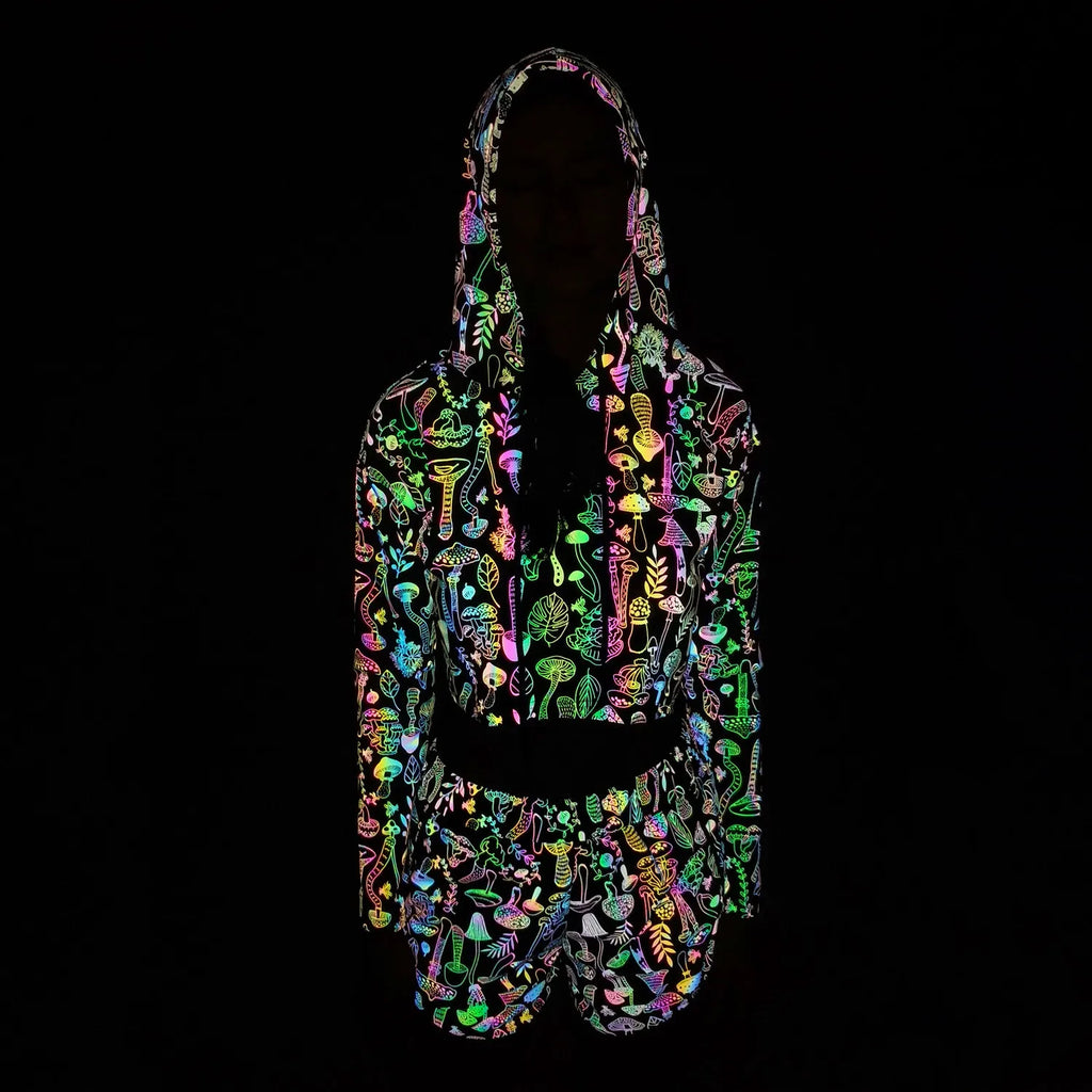 Spring Autumn Women Colorful Reflective Pullover Hoodies Y2K Harajuku Mushroom Printed Long Sleeve Crop Tops sudadera кофта