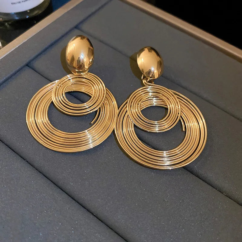 Two-layers Circles Women's Hanging Earrings Gold Color Silver Color Metal Spiral Pendants Dangle Earrings For Female European